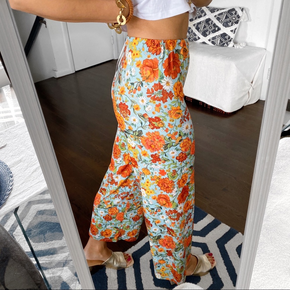 🌼 ZARA BOHO BLUE ORANGE FLORAL HIGH WAIST PANTS/LEGGINGS! - Picture 3 of 13